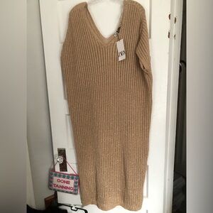 Zara Metallic Ribbed V-Neck Knit Dress - Camel Gold new with tags XL/XXL